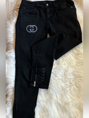 Gucci Black Skinny Jeans with GG Crest and Zipper Hem